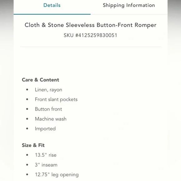 Anthro Cloth and Stone NWT sleeveless button down romper, Sz Med linen/rayon - Picture 6 of 11